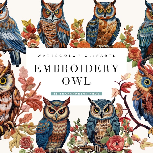 18 Watercolor Embroidery Owl Clipart Bundle Sublimation Designs, Digital Download, Clip Art, Instant Download, Digital Print