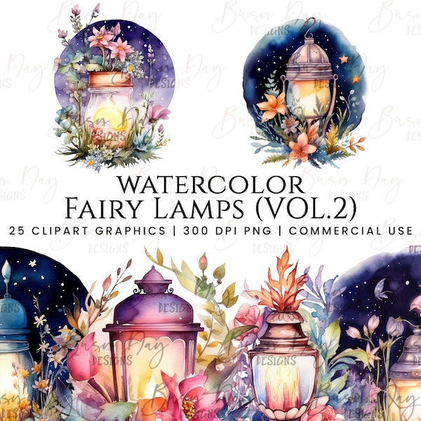 25 Watercolor fairy lamps Vol 2 clipart, commercial use, digital download, instant download, printable art, digital planner,commercial use