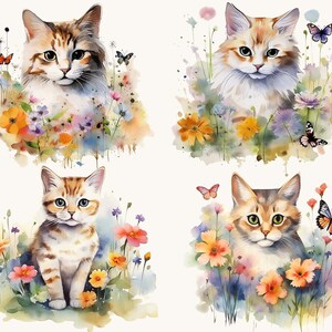20 Watercolor Cat with Flowers Clipart Sublimation Designs, Instant Download Watercolor Clipart, Printable Art, Digital Download Png Files image 5