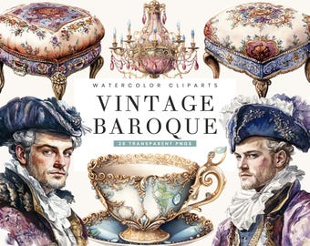 Aquarel barokke clipartbundel: vintage ontwerpen (digitale download)