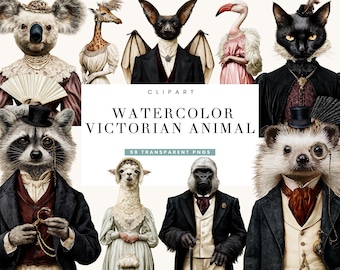 May include: A collection of watercolor animal portraits dressed in Victorian attire, including a koala, giraffe, bat, flamingo, cat, raccoon, alpaca, gorilla, and hedgehog. The text reads CLIPART WATERCOLOR VICTORIAN ANIMAL 59 TRANSPARENT PNGS.