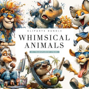 May include: A digital clipart bundle featuring whimsical animal illustrations. The image includes a lion, rhino, fox, goat, and sloth, all wearing sunglasses. Text reads "WHIMSICAL ANIMALS" and "41 TRANSPARENT PNGS".