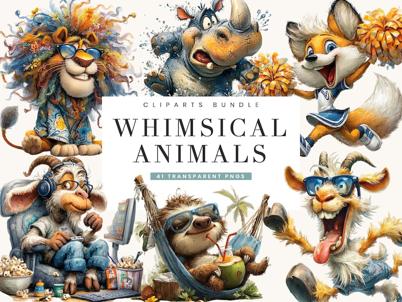 May include: A digital clipart bundle featuring whimsical animal illustrations. The image includes a lion, rhino, fox, goat, and sloth, all wearing sunglasses. Text reads "WHIMSICAL ANIMALS" and "41 TRANSPARENT PNGS".