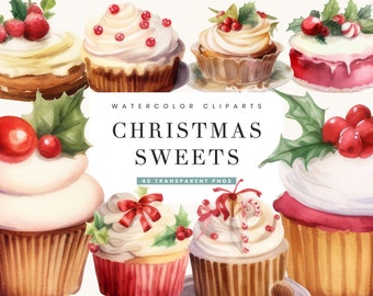 Watercolor Christmas Sweets Clipart Bundle: 40 PNG Designs (Digital Download)