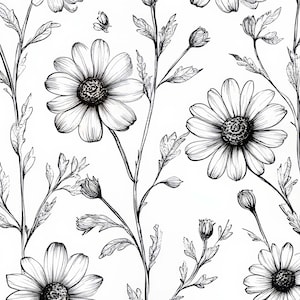 Op de afbeelding: Zwart-wit bloemenpatroon met gedetailleerde lijntekeningen van madeliefjes, knoppen, bladeren en stelen. Het ontwerp wordt herhaald op een witte achtergrond, waardoor een naadloze, botanische print ontstaat. Een kleine vlinder is ook inbegrepen.