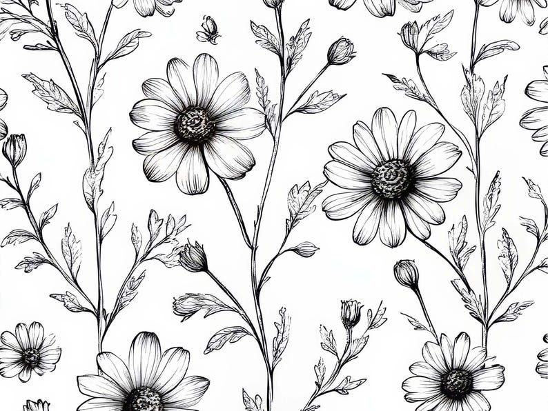 Op de afbeelding: Zwart-wit bloemenpatroon met gedetailleerde lijntekeningen van madeliefjes, knoppen, bladeren en stelen. Het ontwerp wordt herhaald op een witte achtergrond, waardoor een naadloze, botanische print ontstaat. Een kleine vlinder is ook inbegrepen.