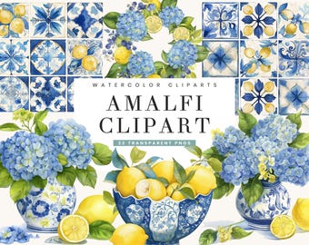 May include: Watercolor clipart set featuring blue hydrangeas, lemons, and decorative blue and white ceramic bowls and tiles. The text "Amalfi Clipart" is displayed with "22 Transparent PNGs".