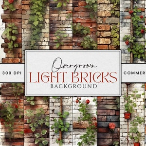 Pode incluir: 27 fundos digitais com uma parede de tijolo com videiras e rosas vermelhas. A parede de tijolo é de cor clara e tem um visual vintage e desgastado. O texto "Overgrown Light Bricks Background" está no centro da imagem.