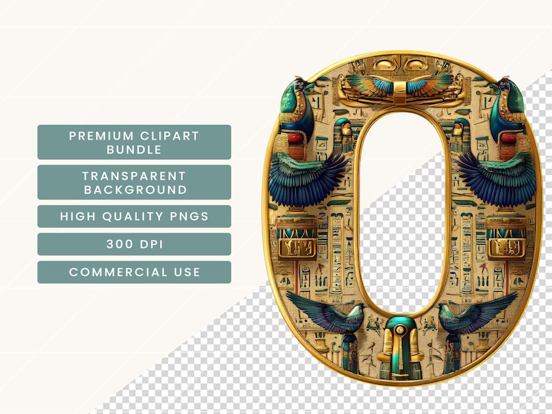 May include: An ornate, gold-colored numeral zero, adorned with Egyptian-style art. The design features hieroglyphs, birds with blue and green wings, and other ancient Egyptian motifs. The image also includes text boxes with the words "PREMIUM CLIPART BUNDLE", "TRANSPARENT BACKGROUND", "HIGH QUALITY PNGS", "300 DPI", and "COMMERCIAL USE".