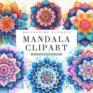 Lot de 24 cliparts mandala aquarelle en sublimation, téléchargement numérique, impressions numériques, téléchargement immédiat, art mural imprimable