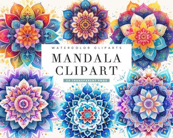 May include: A set of 24 watercolor mandala clipart images. The mandalas are colorful and intricate, with a variety of patterns and designs. The images are perfect for adding a touch of bohemian style to your projects.