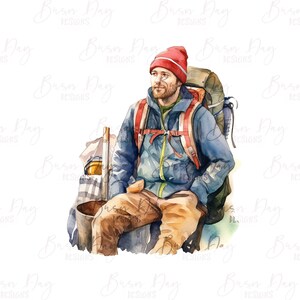 May include: A watercolor painting of a man wearing a red hat and a blue jacket, sitting with a large backpack and a few bags. He is holding a walking stick in his hand.