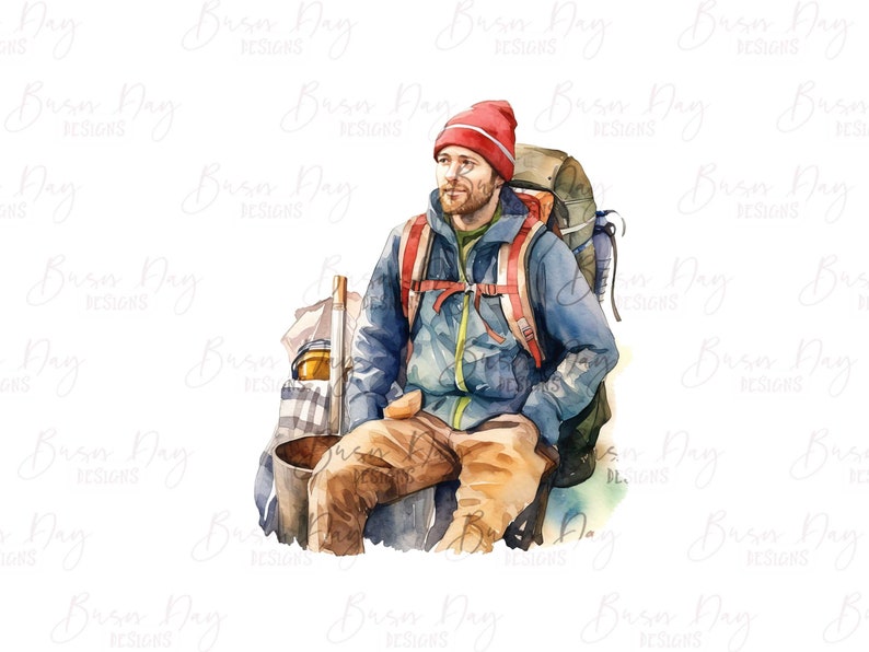 May include: A watercolor painting of a man wearing a red hat and a blue jacket, sitting with a large backpack and a few bags. He is holding a walking stick in his hand.