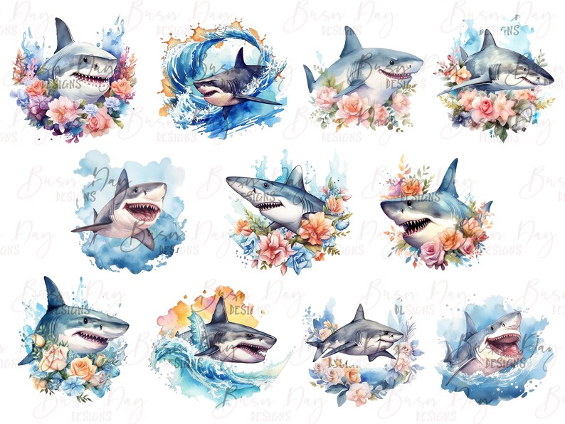 Sharks And Roses Watercolor Sharks Clipart Bundle: 22 PNG Graphics (digital Download) - Etsy