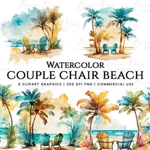 6 Watercolor Couple Chair On Beach Clipart 6 PNG Bundle, digital graphics for commercial use