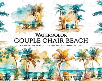 Watercolor Beach Couple Clipart: Palm Trees, Chairs (6 PNG Bundle)