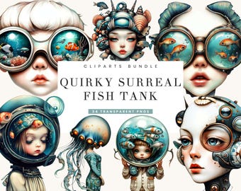 May include: A digital art bundle featuring whimsical portraits with fish tank elements. The images showcase faces with fishbowl goggles, helmets, and jellyfish-like designs. The text reads "Quirky Surreal Fish Tank" and "Cliparts Bundle".