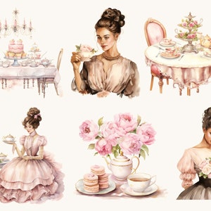 May include: A watercolour illustration of a tea party with pink and white floral accents. The illustration features a table setting with a cake, teacups, and a teapot. There are also three women in different dresses, each holding a teacup. The illustration is set against a white background.