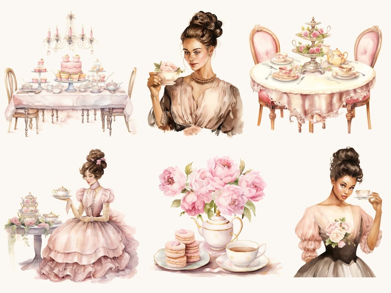 May include: A watercolour illustration of a tea party with pink and white floral accents. The illustration features a table setting with a cake, teacups, and a teapot. There are also three women in different dresses, each holding a teacup. The illustration is set against a white background.