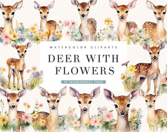 21 Watercolor Deers with Flowers Clipart Bundle Sublimation Designs, Instant Download Watercolor Clipart, Printable Art, Digital Download