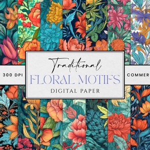 22 Motivos florais tradicionais em papel digital para impressão de arte download instantâneo, impressões digitais em papel antigo, arquivo de download digital de diário indesejado