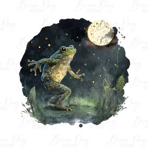 May include: A green frog with black spots is jumping in a watercolor illustration of a moonlit forest. The frog is facing the left side of the image and has its mouth open. The moon is a pale yellow color and is surrounded by a dark blue sky with white stars.
