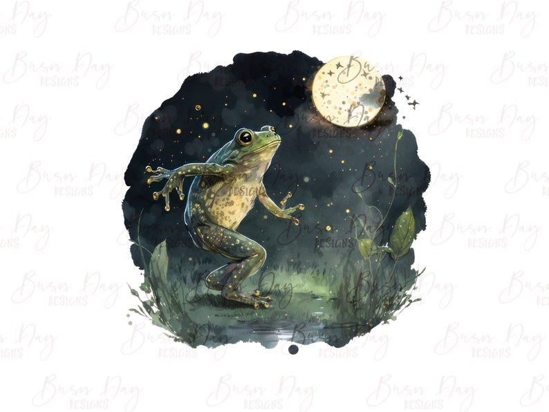 May include: A green frog with black spots is jumping in a watercolor illustration of a moonlit forest. The frog is facing the left side of the image and has its mouth open. The moon is a pale yellow color and is surrounded by a dark blue sky with white stars.