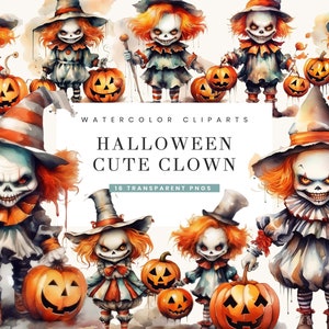 16 diseños de sublimación de paquete de imágenes prediseñadas de payaso de Halloween de acuarela, Descarga instantánea, Arte imprimible, Descarga digital, Paquete Png
