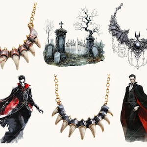 Peut inclure: Une collection de bijoux et d'illustrations sur le th&egrave;me gothique. Comprend des colliers avec des pendentifs en forme de dents, un collier en forme d'ailes de chauve-souris et des illustrations d'un vampire et d'un cimeti&egrave;re.