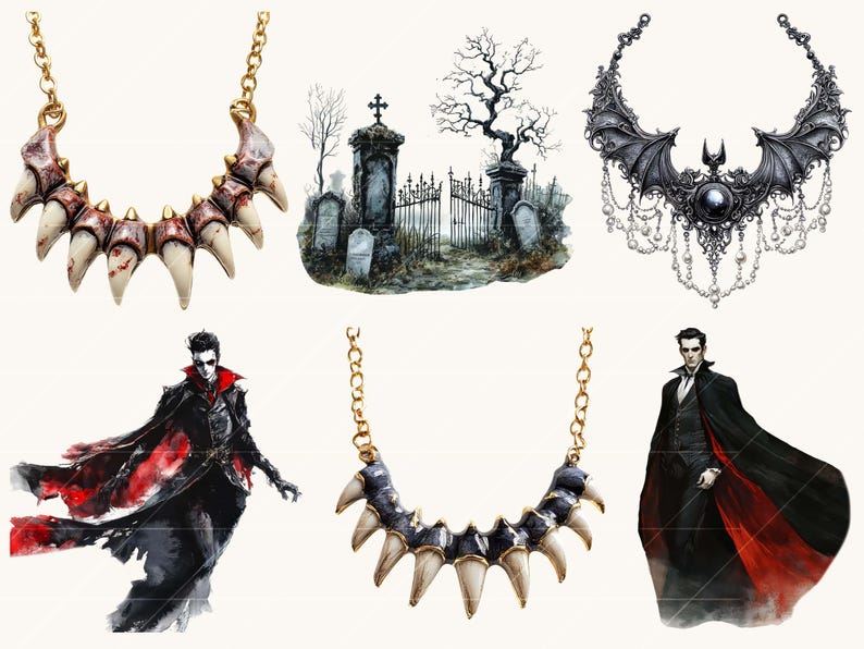 Peut inclure: Une collection de bijoux et d'illustrations sur le th&egrave;me gothique. Comprend des colliers avec des pendentifs en forme de dents, un collier en forme d'ailes de chauve-souris et des illustrations d'un vampire et d'un cimeti&egrave;re.