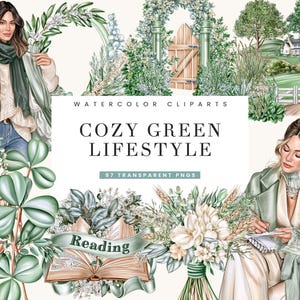 Könnte beinhalten: Eine digitale Sammlung von Aquarell-Cliparts mit Illustrationen von Personen in grünen Mänteln, einem Gartentor, einem Haus, Blumenarrangements und einem offenen Buch mit dem Text "WATERCOLOR CLIPARTS COZY GREEN LIFESTYLE 97 TRANSPARENT PNGS Reading".