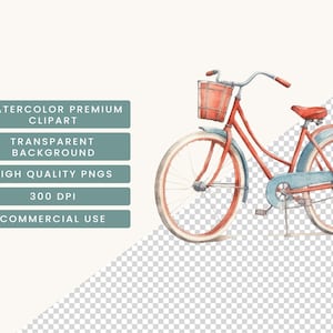 May include: A watercolor illustration of a red bicycle with a wicker basket. The bicycle has a blue seat and white tires. The background is transparent.
