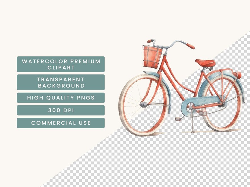 May include: A watercolor illustration of a red bicycle with a wicker basket. The bicycle has a blue seat and white tires. The background is transparent.