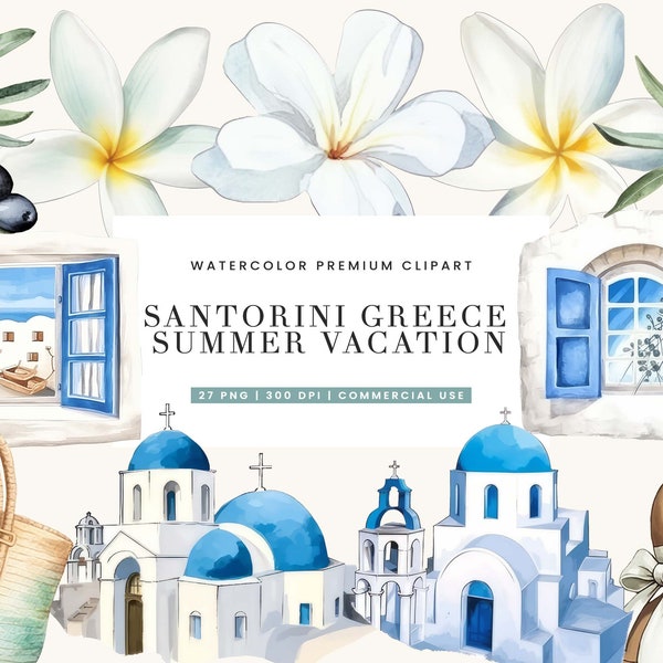 27 Watercolor Santorini Greece Summer Vacation Clipart Bundle Sublimation Designs Printable Wall Art, Png Bundle, Instant Download