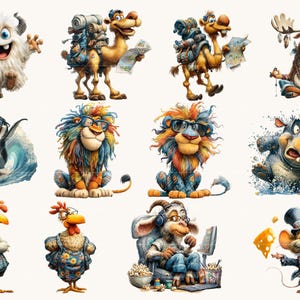 May include: A set of colourful cartoon animal illustrations. Depicted are a yeti, camels with luggage, a moose meditating, a penguin surfing, lions with sunglasses, a rhino splashing, chickens, a goat with headphones, and a mouse with cheese.