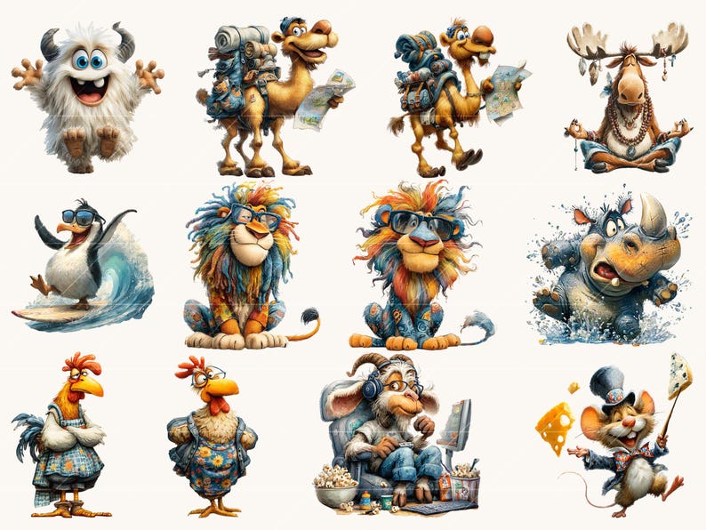 May include: A set of colourful cartoon animal illustrations. Depicted are a yeti, camels with luggage, a moose meditating, a penguin surfing, lions with sunglasses, a rhino splashing, chickens, a goat with headphones, and a mouse with cheese.