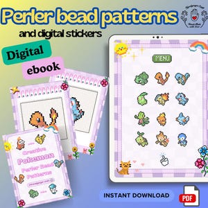 Peut inclure: Ebook numérique avec une couverture violette représentant un écran de tablette affichant un menu de motifs de perles Perler Pokémon. L'ebook est intitulé "Creative Pokemon Perler Bead Patterns" et comprend un bouton de téléchargement.