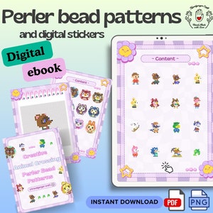 Peut inclure: Ebook numérique avec des motifs de perles Perler et des autocollants numériques. L'image présente une tablette et des impressions avec des motifs de personnages Animal Crossing pixélisés. La palette de couleurs est principalement violet pastel et blanc, avec des touches de vert et de jaune.