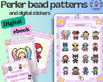 Super heroes 2D Perler Bead Patterns Digital stickers kids craft Template ebook PDF digital Download