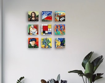 May include: Nine framed square prints of famous paintings, including The Mona Lisa, The Starry Night, and The Scream, are displayed on a white wall. The prints are arranged in a grid pattern, with three rows of three prints each. The prints are all in different colours and styles, and they are all surrounded by a thin black frame.