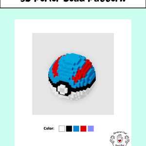 May include: A 3D pixel art pattern for a Great Ball from the Pokemon franchise. The pattern is made with perler beads and features the iconic red and white design of the Great Ball. The pattern is shown in five colors: white, black, blue, red, and purple.