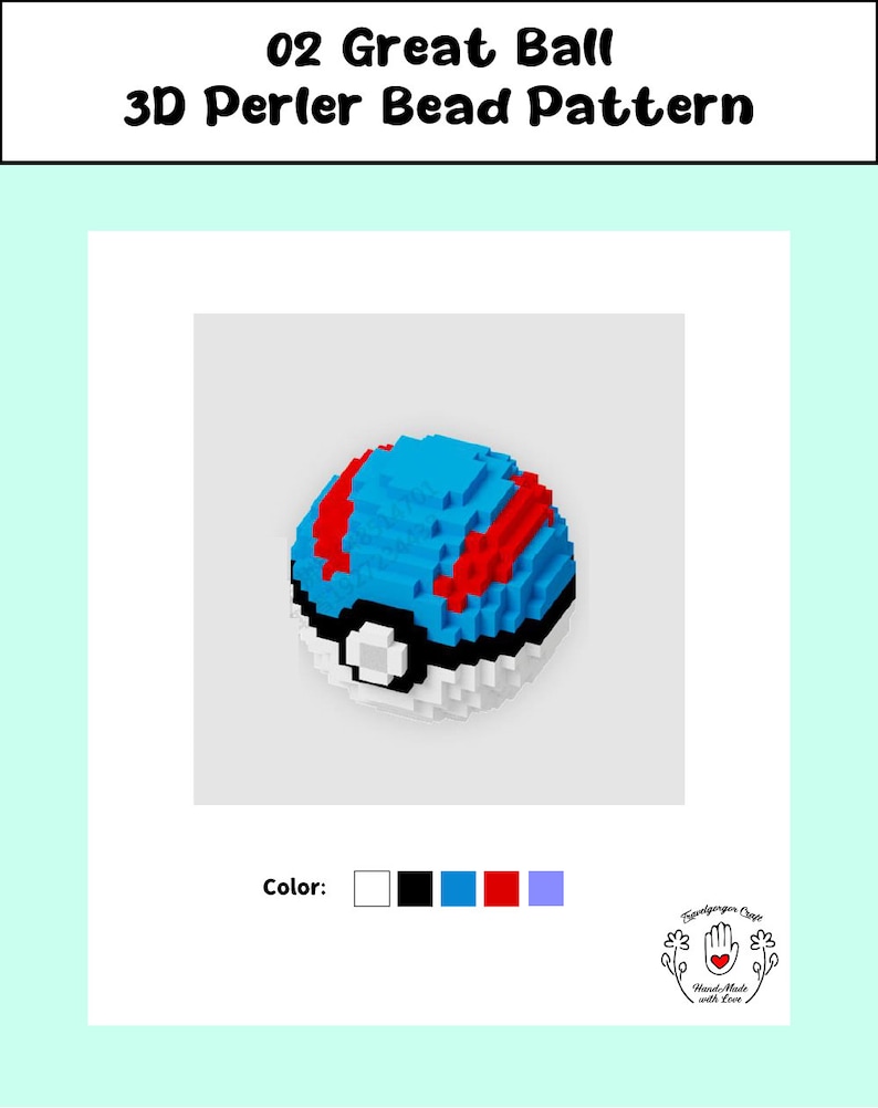 May include: A 3D pixel art pattern for a Great Ball from the Pokemon franchise. The pattern is made with perler beads and features the iconic red and white design of the Great Ball. The pattern is shown in five colors: white, black, blue, red, and purple.