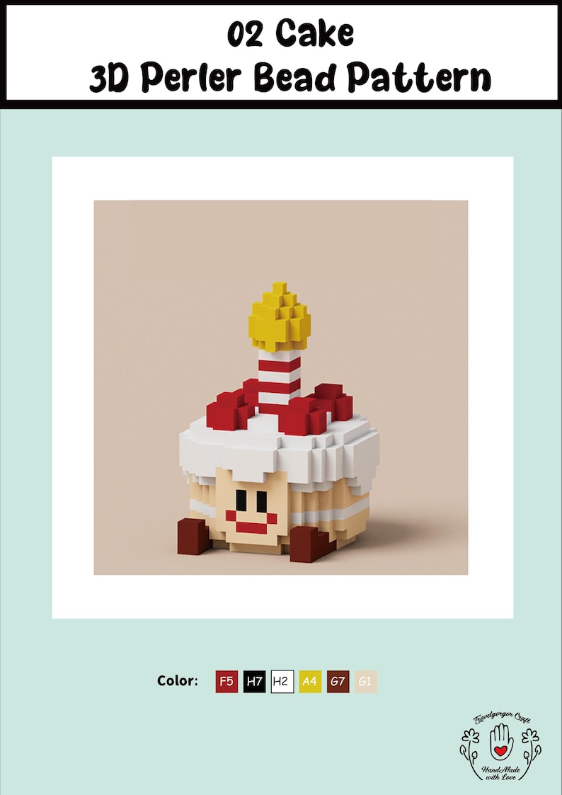May include: A 3D perler bead pattern of a cake with a lit candle on top. The cake is white with red and yellow accents. The pattern is labeled "02 Cake" and includes a color key with the following colors: F5, H7, H2, A4, G7, and G1.