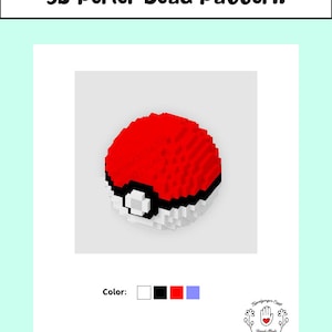 May include: A 3D perler bead pattern of a Poke Ball. The Poke Ball is red, white, and black. The pattern is for a 3D project, so the Poke Ball is round.