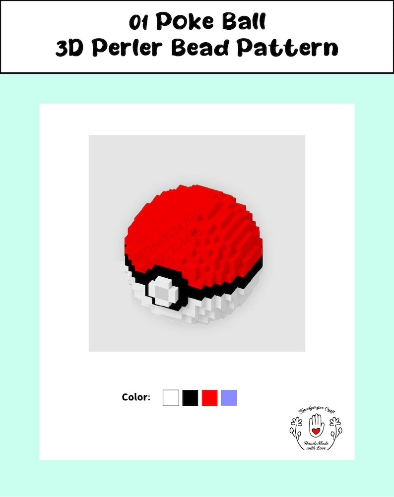 May include: A 3D perler bead pattern of a Poke Ball. The Poke Ball is red, white, and black. The pattern is for a 3D project, so the Poke Ball is round.