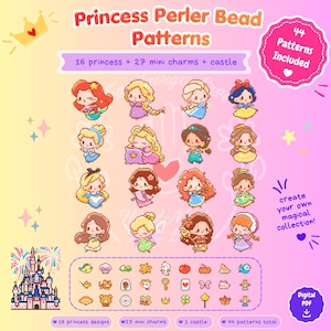 May include: A digital collection of Princess Perler Bead Patterns featuring 16 pixel art princess characters, 27 mini charms, and a castle design. The graphic includes the text Princess Perler Bead Patterns, 44 Patterns Included, and create your own magical collection.