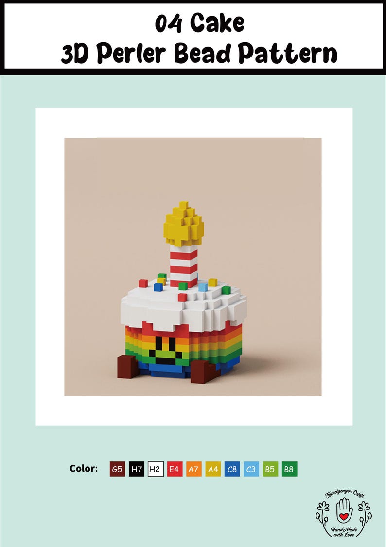 May include: A 3D perler bead pattern of a rainbow cake with a lit candle on top. The cake is made with red, orange, yellow, green, blue, indigo, and violet beads. The candle is yellow with red and white stripes. The cake is sitting on a brown surface.
