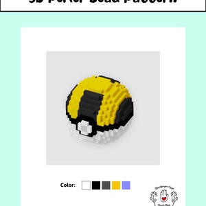 May include: A 3D perler bead pattern of a yellow and black Ultra Ball from the Pokemon franchise. The pattern is made with white, black, gray, yellow, and blue beads.