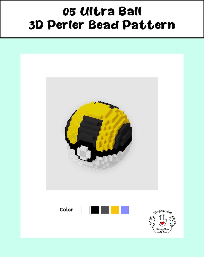 May include: A 3D perler bead pattern of a yellow and black Ultra Ball from the Pokemon franchise. The pattern is made with white, black, gray, yellow, and blue beads.