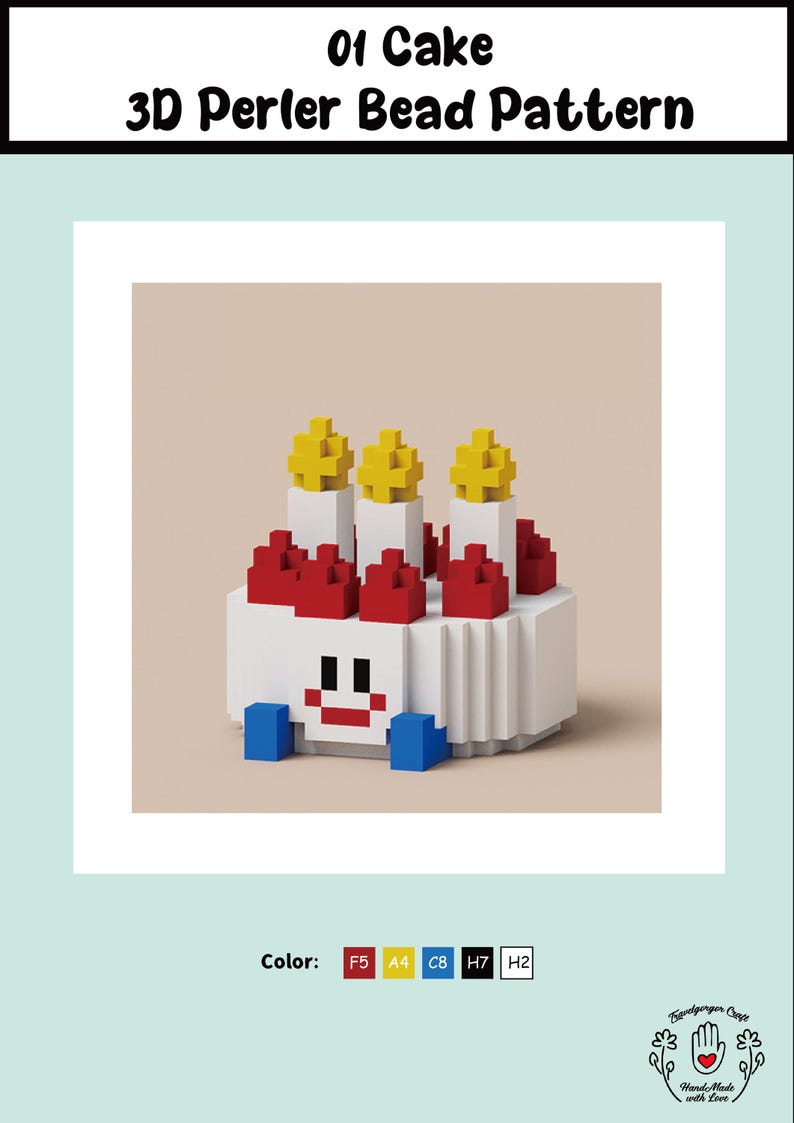 May include: A 3D perler bead pattern of a cake with three candles. The cake is white with red frosting and blue icing. The candles are yellow with white flames. The pattern is labeled "01 Cake" and "3D Perler Bead Pattern".